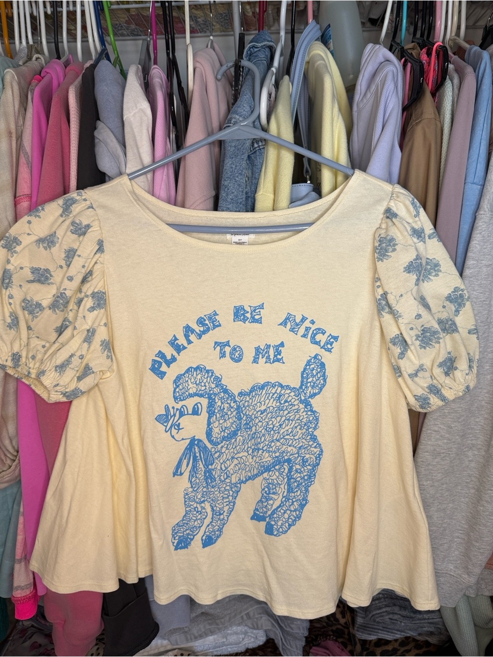 Urban Outfitters Cream Blue Graphic Puff Sleeve Babydoll Tee
